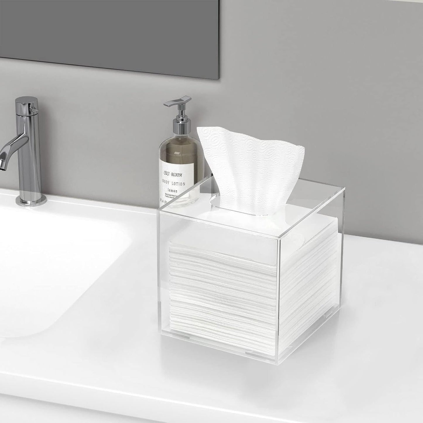 Acrylic Tissue Box Holder & Cover with Magnetic Bottom, Multi-Use Dryer Sheet & Mask Case Organizer for Bathroom, Car, Office, Table - Clear Square, 5.51 X 5.51 X 5.91 Inches