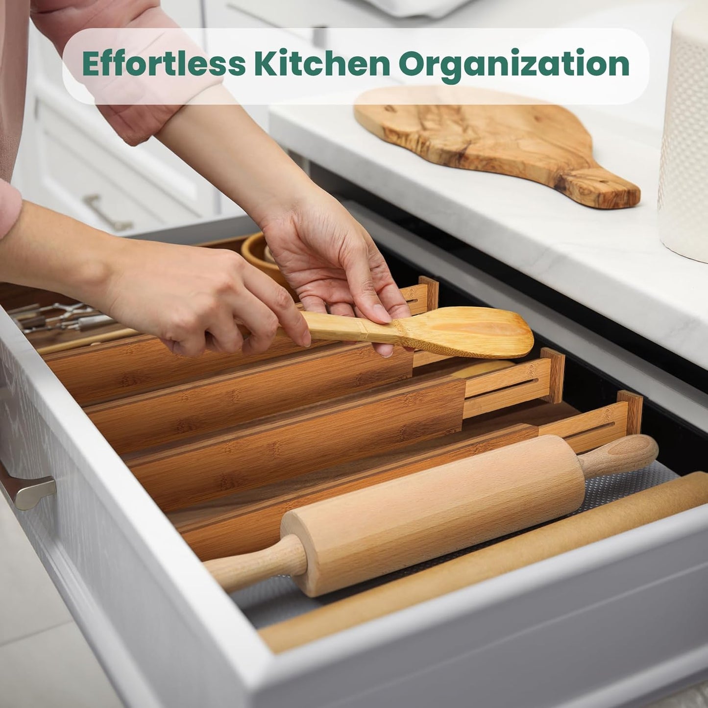 Bamboo Drawer Dividers Expandable 17.5-22”, 2.4” Tall, 4 Pack, Kitchen Drawer Organizer for Cutlery, Utensils, Clothes, Home, Office, Spring Loaded