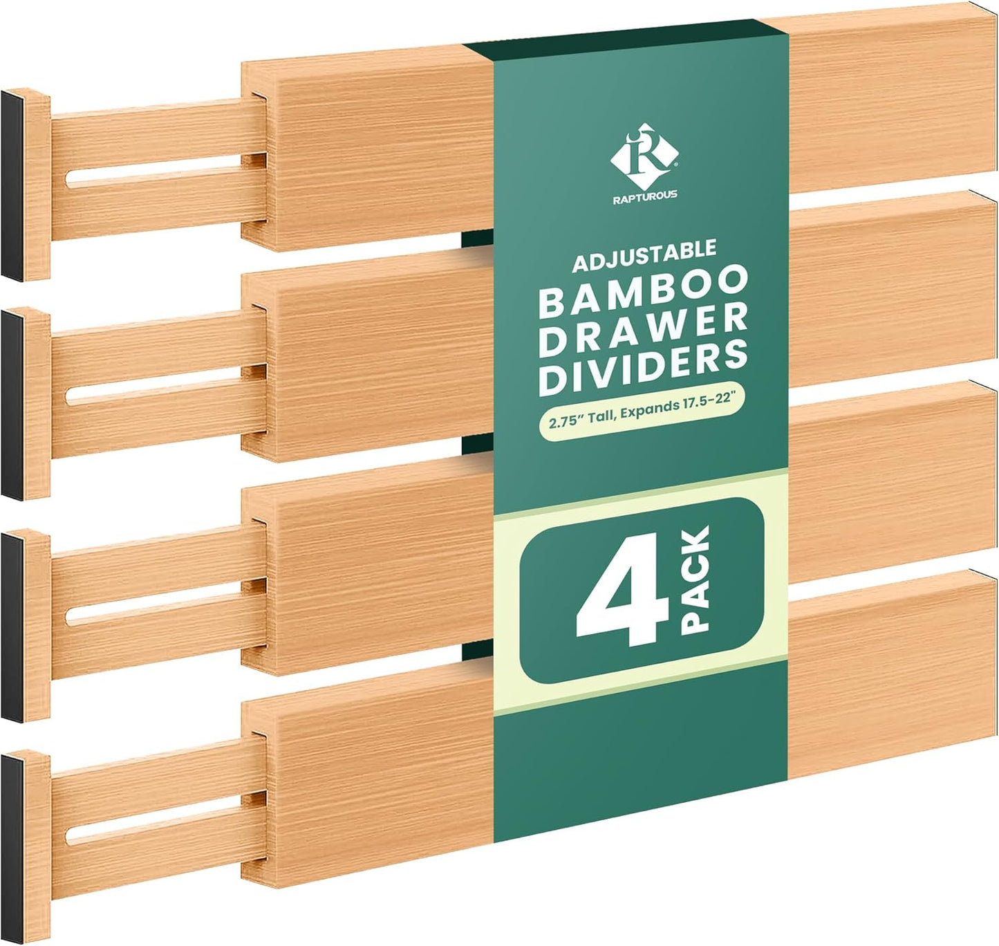 Bamboo Drawer Dividers Expandable 17.5-22”, 2.4” Tall, 4 Pack, Kitchen Drawer Organizer for Cutlery, Utensils, Clothes, Home, Office, Spring Loaded