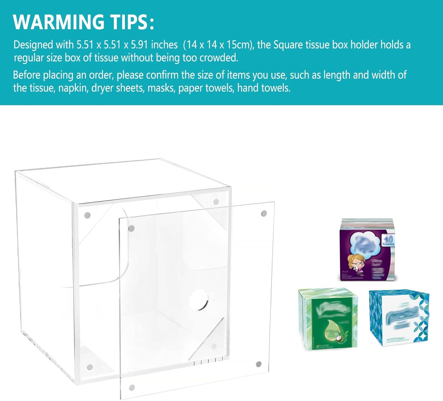 Acrylic Tissue Box Holder & Cover with Magnetic Bottom, Multi-Use Dryer Sheet & Mask Case Organizer for Bathroom, Car, Office, Table - Clear Square, 5.51 X 5.51 X 5.91 Inches