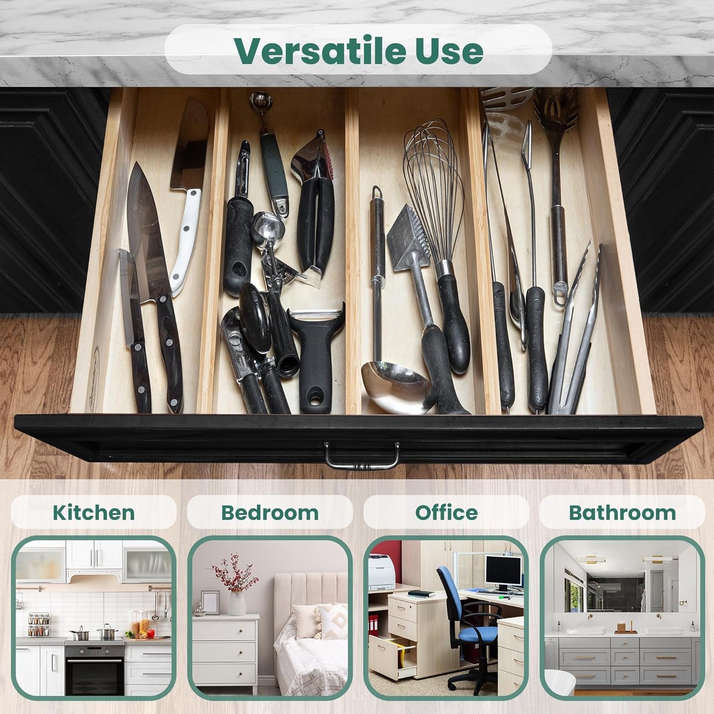 Bamboo Drawer Dividers Expandable 17.5-22”, 2.4” Tall, 4 Pack, Kitchen Drawer Organizer for Cutlery, Utensils, Clothes, Home, Office, Spring Loaded