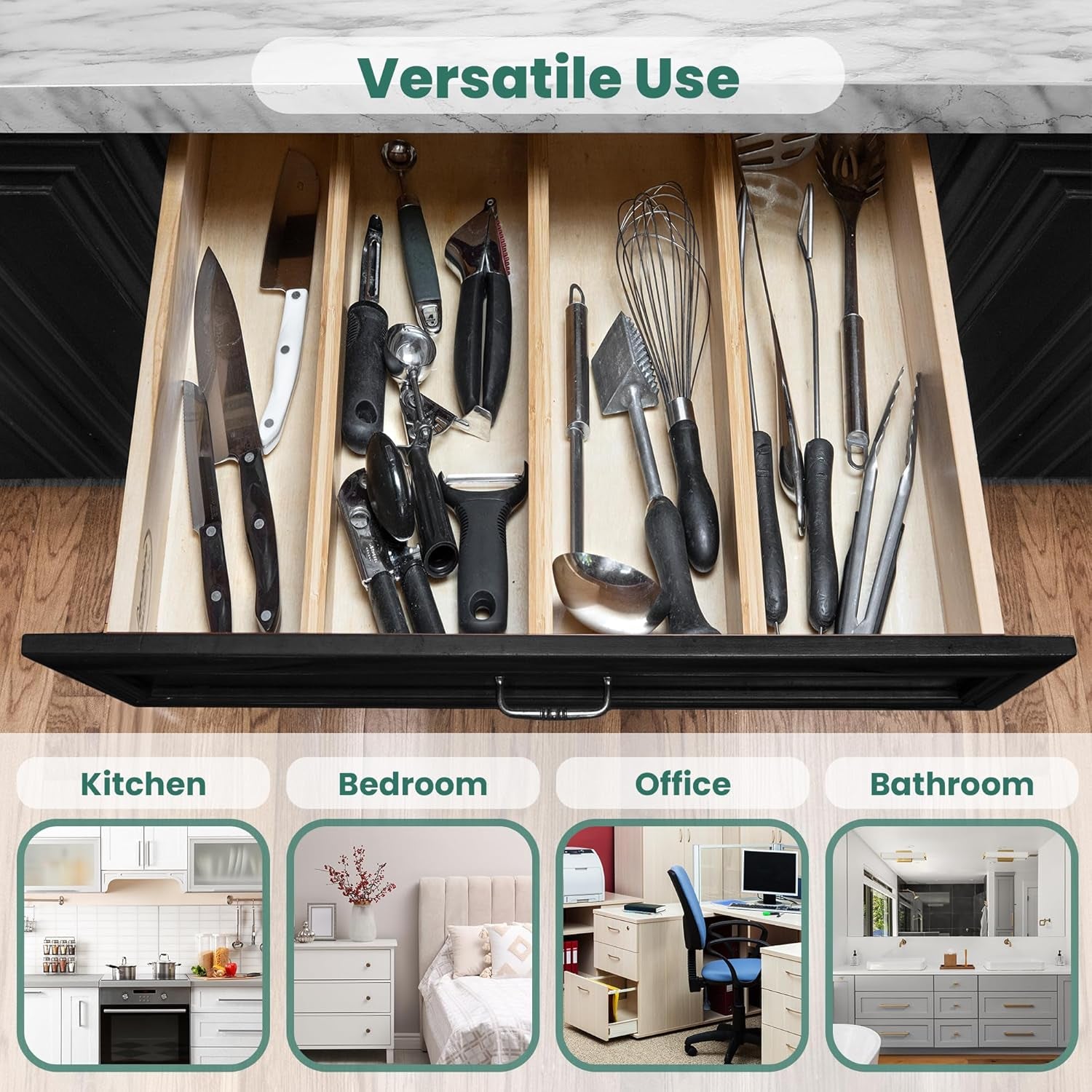 Bamboo Drawer Dividers Expandable 17.5-22”, 2.4” Tall, 4 Pack, Kitchen Drawer Organizer for Cutlery, Utensils, Clothes, Home, Office, Spring Loaded