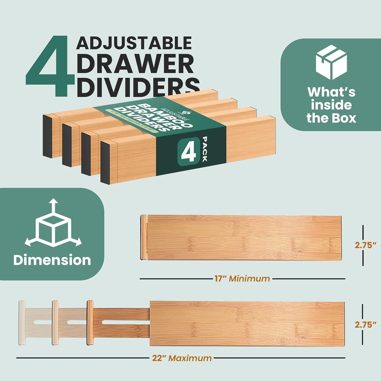 Bamboo Drawer Dividers Expandable 17.5-22”, 2.4” Tall, 4 Pack, Kitchen Drawer Organizer for Cutlery, Utensils, Clothes, Home, Office, Spring Loaded