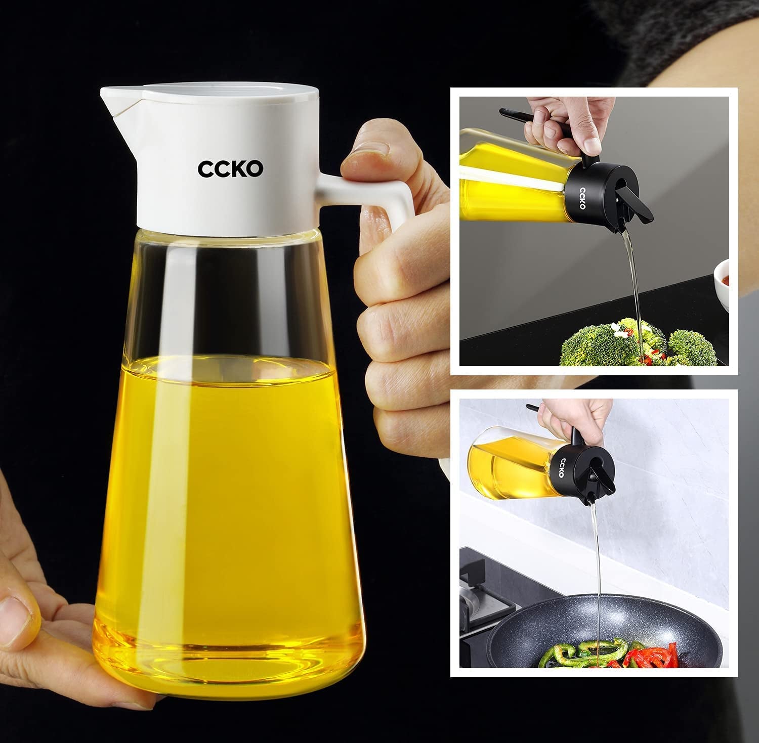 Glass Olive Oil Dispenser Bottle with Auto Flip Spout 19Oz Olive Oil Bottle for Kitchen, No Drip Cooking Oil Dispenser for Soy Sauce, Syrup, Vinegar, Salad Dressing Container (Black)
