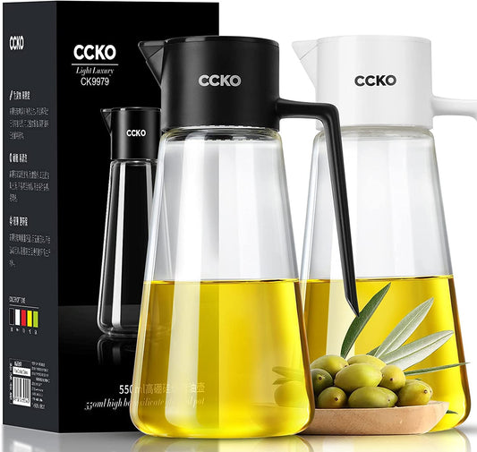 Glass Olive Oil Dispenser Bottle with Auto Flip Spout 19Oz Olive Oil Bottle for Kitchen, No Drip Cooking Oil Dispenser for Soy Sauce, Syrup, Vinegar, Salad Dressing Container (Black)
