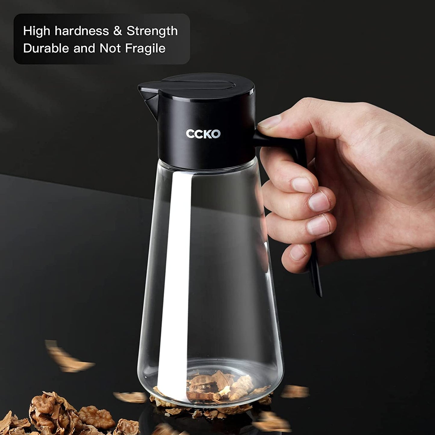 Glass Olive Oil Dispenser Bottle with Auto Flip Spout 19Oz Olive Oil Bottle for Kitchen, No Drip Cooking Oil Dispenser for Soy Sauce, Syrup, Vinegar, Salad Dressing Container (Black)
